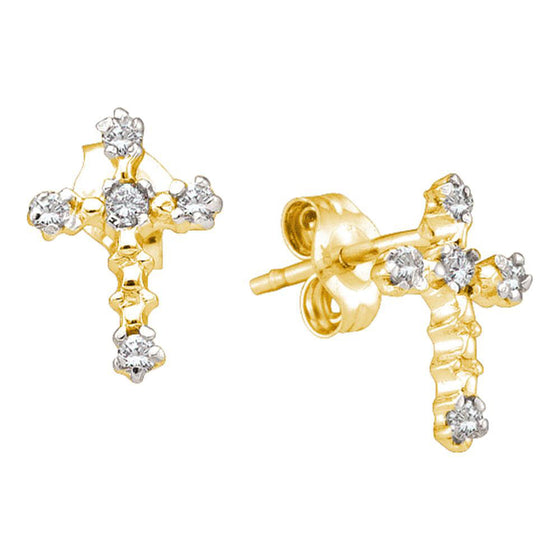 14k Yellow Gold Womens Round Diamond Cross Earrings 1/20 Cttw