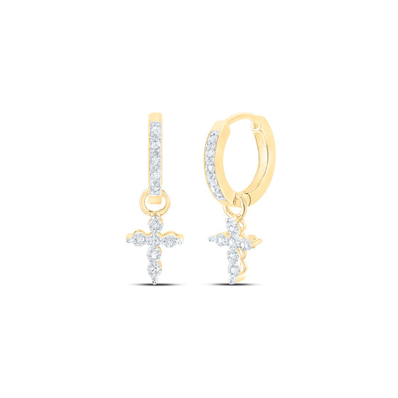 10k Yellow Gold Womens Round Diamond Cross Hoop Dangle Earrings 1/8 Cttw