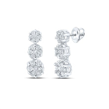  14k White Gold Womens Round Diamond Triple Vertical Flower Cluster Earrings 1 Cttw