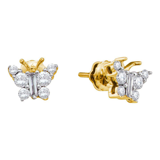 14k Yellow Gold Womens Baguette Diamond Butterfly Bug Earrings 1/2 Cttw