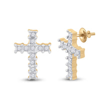  14k Yellow Gold Womens Round Diamond Cross Earrings 1/10 Cttw