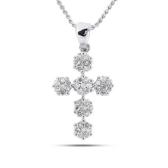 14k White Gold Womens Round Diamond Cluster Cross Religious Pendant 1/2 Cttw