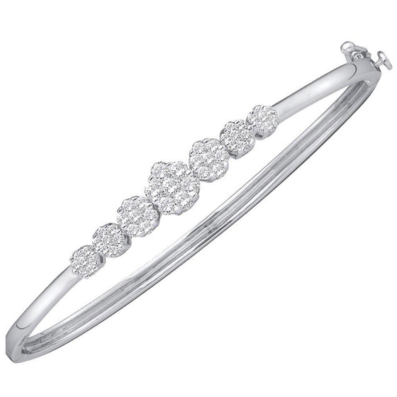14k White Gold Womens Round Diamond Flower Cluster Bangle Bracelet 1 Cttw