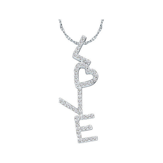 14k White Gold Womens Round Diamond Love Letters Heart Word Pendant 1/5 Cttw