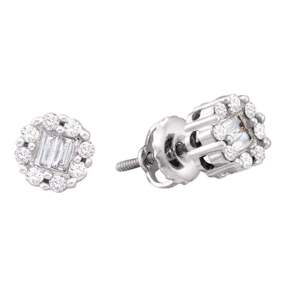 14k White Gold Womens Round Baguette Diamond Cluster Stud Earrings 1/4 Cttw