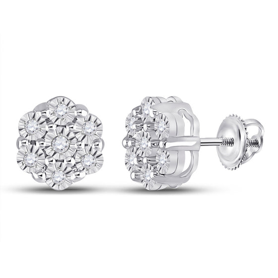 10k White Gold Womens Round Diamond Flower Cluster Earrings 1/10 Cttw