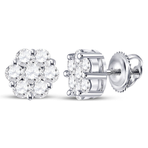 14k White Gold Womens Round Diamond Flower Cluster Earrings 3/4 Cttw