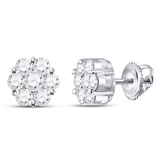 14k White Gold Womens Round Diamond Flower Cluster Earrings 1 Cttw