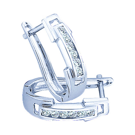 10k White Gold Womens Round Diamond Oblong Hoop Earrings 1/5 Cttw