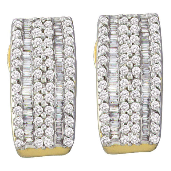 14k Yellow Gold Womens Round Baguette Diamond Vertical Stripe Hoop Earrings 7/8 Cttw