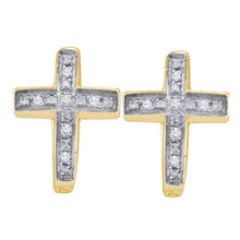  Yellow-tone Sterling Silver Womens Round Diamond Cross Huggie Hoop Earrings 1/20 Cttw