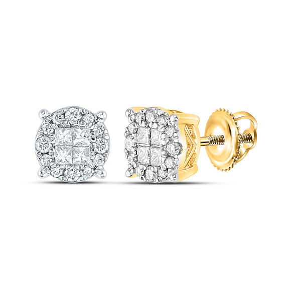 14k Yellow Gold Womens Princess Round Diamond Cluster Earrings 1/2 Cttw