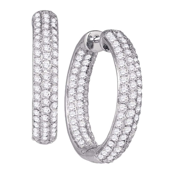 14k White Gold Womens Round Pave-set Diamond Inside Outside Hoop Earrings 2-7/8 Cttw