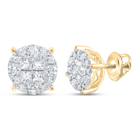 14k Yellow Gold Womens Princess Round Diamond Cluster Earrings 1 Cttw