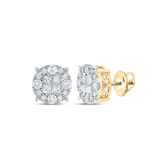 14k Yellow Gold Womens Princess Round Diamond Cluster Earrings 1-1/2 Cttw