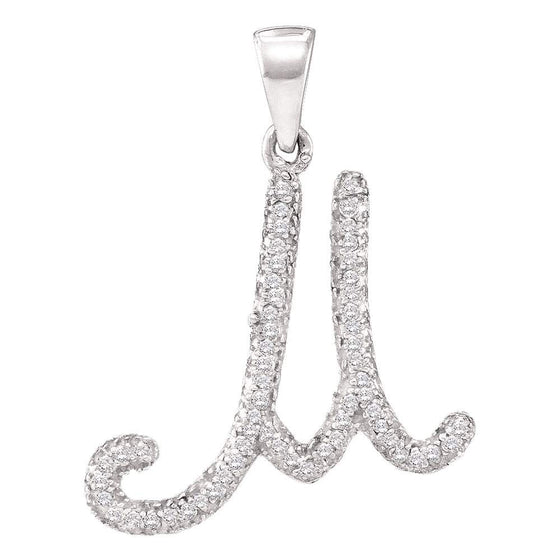 10k White Gold Womens Round Diamond Cursive Letter M Initial Pendant 1/6 Cttw