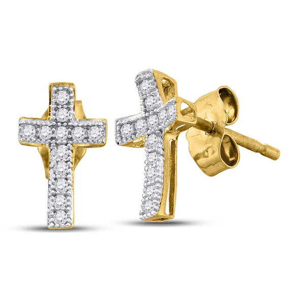 10k Yellow Gold Womens Round Diamond Cross Earrings 1/10 Cttw