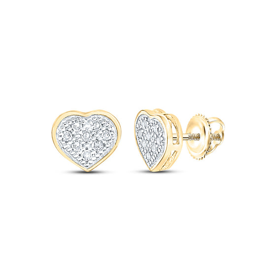 10k Yellow Gold Womens Round Diamond Heart Cluster Earrings 1/20 Cttw