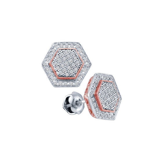 10k White Gold Womens Round Diamond Cluster Rose-tone Hexagon Stud Earrings 1/3 Cttw