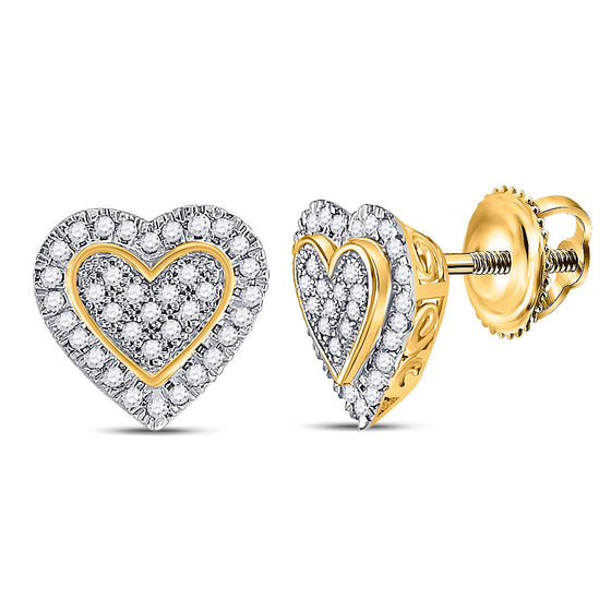 10k Yellow Gold Womens Round Diamond Heart Earrings 1/4 Cttw