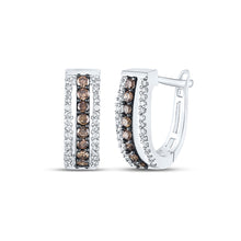  14k White Gold Womens Round Brown Diamond Triple Row Huggie Earrings 1/2 Cttw