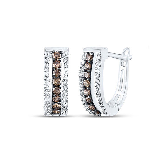 14k White Gold Womens Round Brown Diamond Triple Row Huggie Earrings 1/2 Cttw