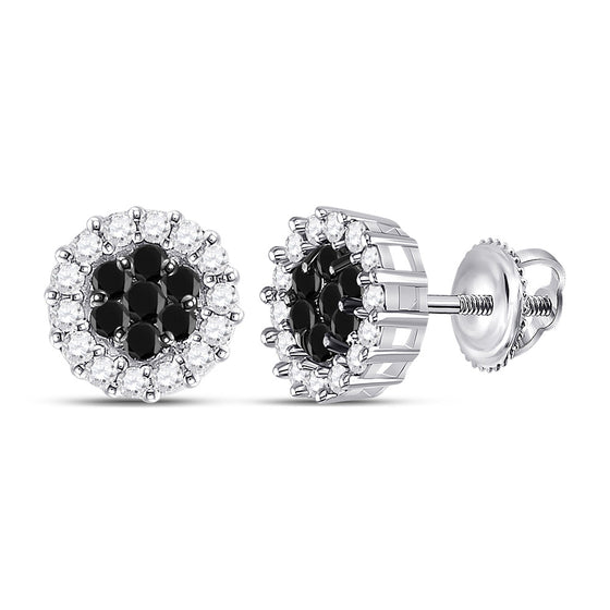 14k White Gold Womens Round Black Color Enhanced Diamond Flower Cluster Earrings 1 Cttw