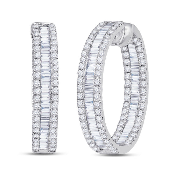 14k White Gold Womens Baguette Diamond Inside Outside Hoop Earrings 3-1/2 Cttw