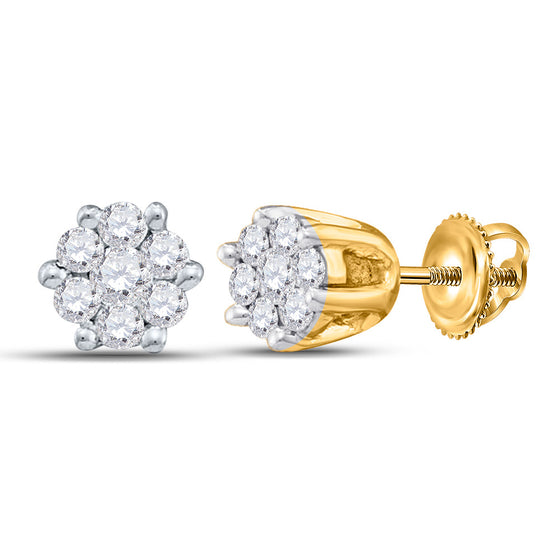 14k Yellow Gold Womens Round Diamond Flower Cluster Earrings 1/6 Cttw