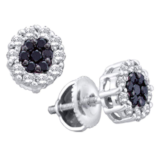 14k White Gold Womens Round Black Color Enhanced Diamond Flower Cluster Earrings 1-1/2 Cttw