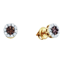  14k Yellow Gold Womens Round Brown Diamond Flower Cluster Earrings 1-1/2 Cttw