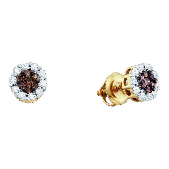 14k Yellow Gold Womens Round Brown Diamond Flower Cluster Earrings 1-1/2 Cttw