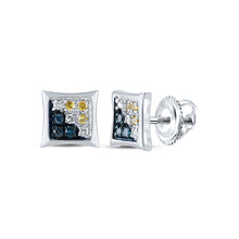  10k White Gold Round Blue Yellow Color Enhanced Diamond Square Kite Earrings 1/20 Cttw
