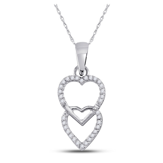 10k White Gold Womens Round Diamond Double Hanging Heart Pendant 1/10 Cttw