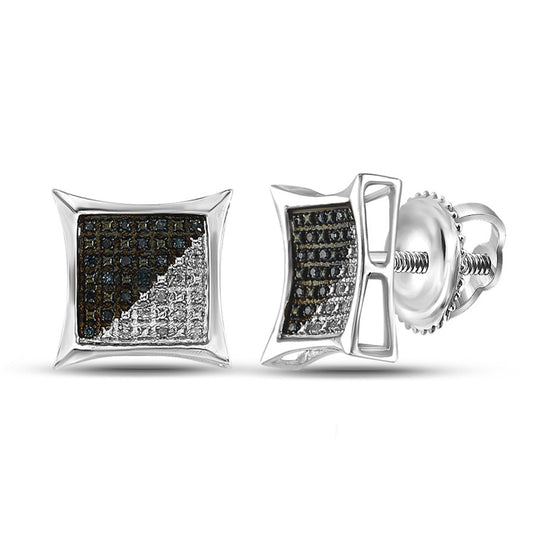 Sterling Silver Round Blue Color Enhanced Diamond Square Earrings 1/6 Cttw
