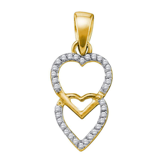 10k Yellow Gold Womens Round Diamond Double Heart Pendant 1/10 Cttw