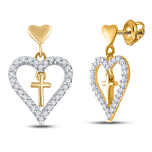  14k Yellow Gold Womens Round Diamond Heart Cross Dangle Earrings 1/3 Cttw