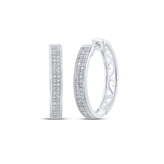 10k White Gold Womens Round Diamond Double Row Pave Hoop Earrings 1/4 Cttw