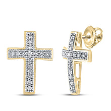  Yellow-tone Sterling Silver Womens Round Diamond Cross Earrings 1/10 Cttw