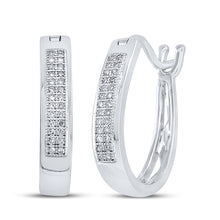  Sterling Silver Womens Round Diamond Oblong Double Row Hoop Earrings 1/6 Cttw