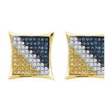  Yellow-tone Sterling Silver Blue Color Enhanced Diamond Square Cluster Earrings 1/6 Cttw
