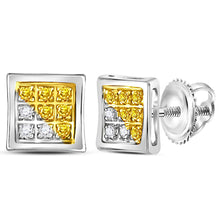  Sterling Silver Round Yellow Color Enhanced Diamond Cluster Earrings 1/20 Cttw