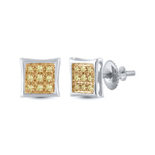  10k White Gold Womens Round Yellow Color Enhanced Diamond Square Earrings 1/20 Cttw