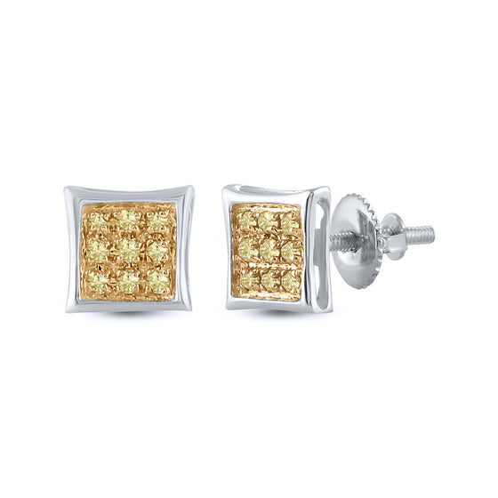10k White Gold Womens Round Yellow Color Enhanced Diamond Square Earrings 1/20 Cttw