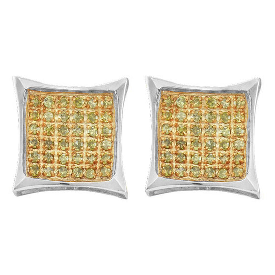10k White Gold Round Yellow Color Enhanced Diamond Square Earrings 1/10 Cttw