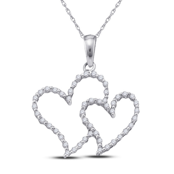 10k White Gold Womens Round Diamond Double Heart Pendant 1/6 Cttw