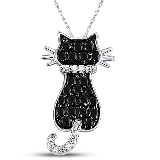10k White Gold Womens Round Black Color Enhanced Diamond Cat Animal Pendant 1/3 Cttw