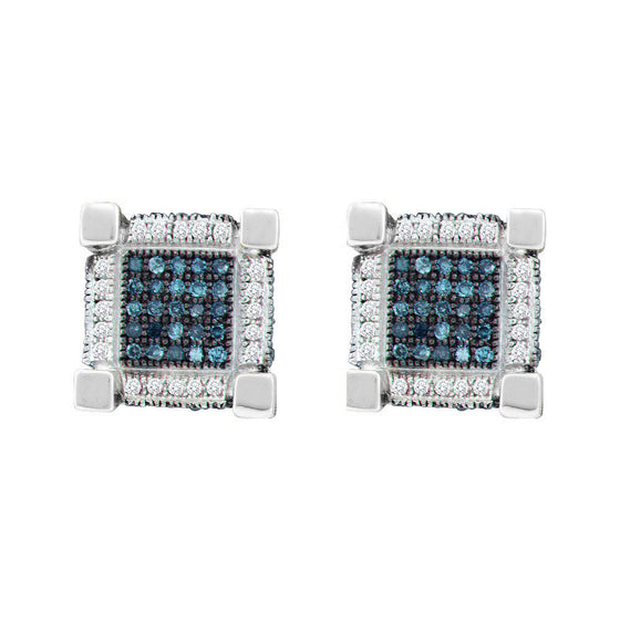 10k White Gold Round Blue Color Enhanced Diamond 3D Cube Square Earrings 3/4 Cttw
