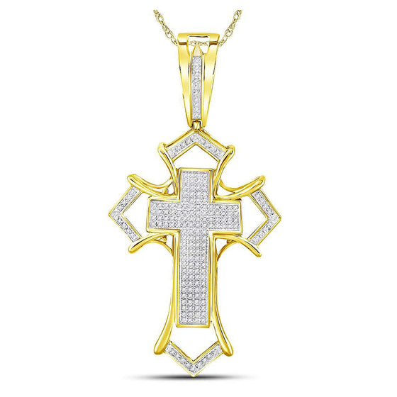 10k Yellow Gold Mens Round Diamond Gothic Cross Charm Pendant 1/2 Cttw