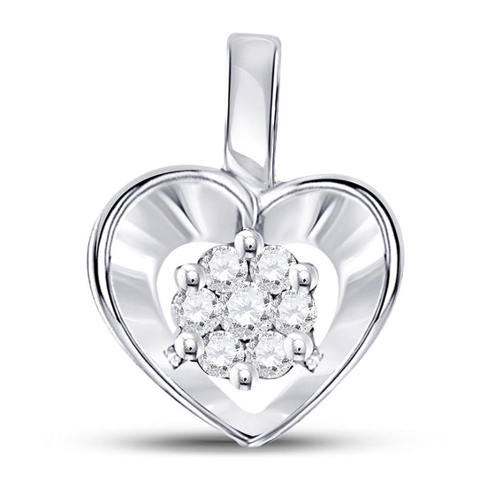 10k White Gold Womens Round Diamond Small Heart Cluster Pendant 1/12 Cttw